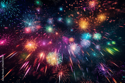 A dazzling burst of fireworks with radiant colors against a starry sky, evoking a sense of wonder and celebration.