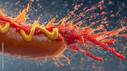 An explosive and vibrant shot of a hotdog with mustard as ketchup splashes across a dark background, emphasizing fast food energy.