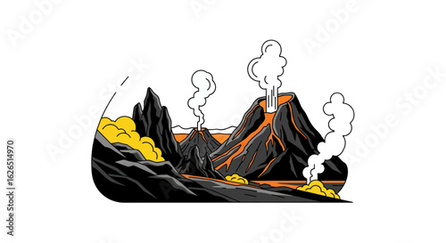 Volcanic landscape with lava and steam, mountainous terrain