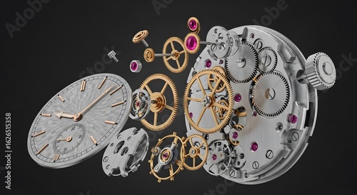 Exploded View of a Watch Mechanism with Gears, Springs, and Jewels on dark background