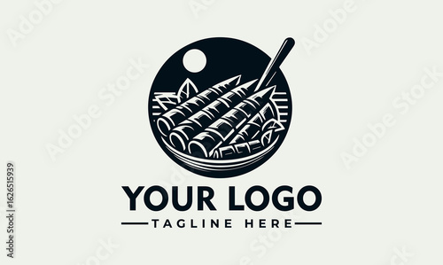 Engraved illustration of spring rolls and lemon slices in a bowl, presented as a logo design element.