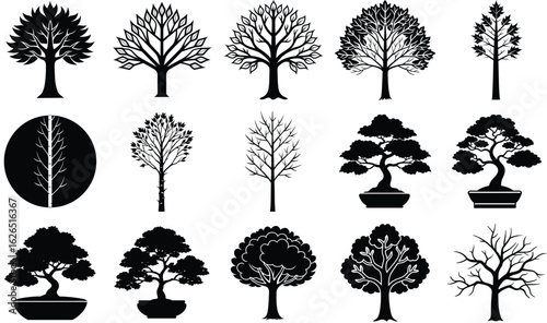 Diverse Collection of Stylized Tree Silhouettes Ornamental Artistic Nature Designs