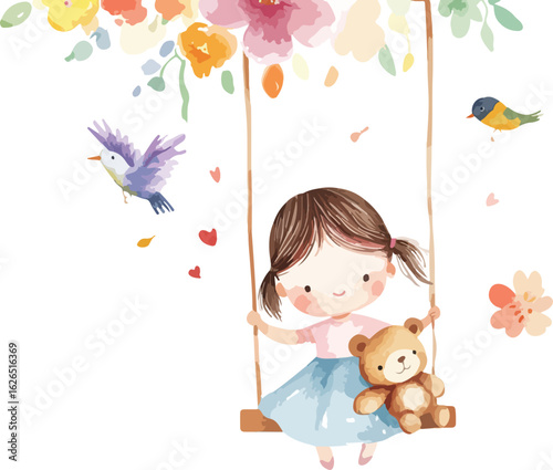 Whimsical watercolor illustration of a happy little girl swinging with a teddy bear and birds