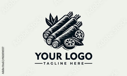 Engraved illustration of spring rolls and lemon slices in a bowl, presented as a logo design element.