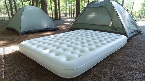 Inflatable air mattress placed on the ground next to a camping tent.