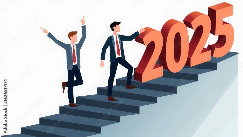 Fototapeta premium 2026 New Year Business Goals Concept. Businessmen point to 2025 on a staircase, steps toward achieving business goals, growth, and success in the new year.
