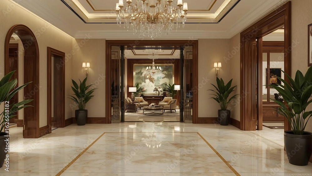 Fototapeta premium Luxury Hotel Lobby with Marble Floor, Crystal Chandeliers, and Elegant Modern Classic Interior Design