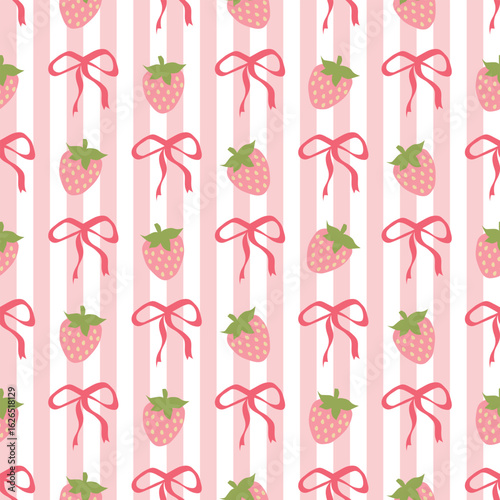 Pink Coquette Bow and Strawberries Seamless Pattern. Striped background. Perfect for Prints, Wrapping Paper, Wallpaper, Textiles, Stationery, and Fabric.