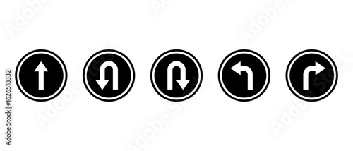 Go straight, this way, one way only, U turn, left and right arrows symbol. Directional arrow icon set in black circular road sign style