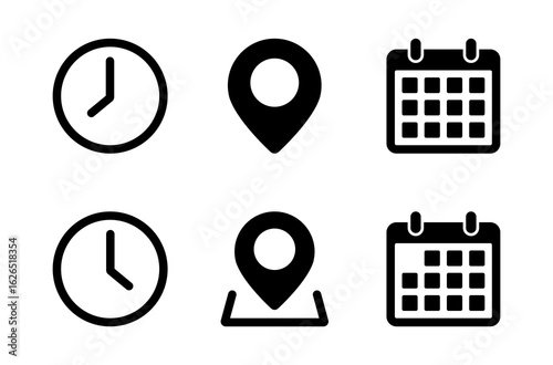 Time, location, and calendar icon. Clock, place marker, and date symbol. Schedule, map pin, and event planning interfaces