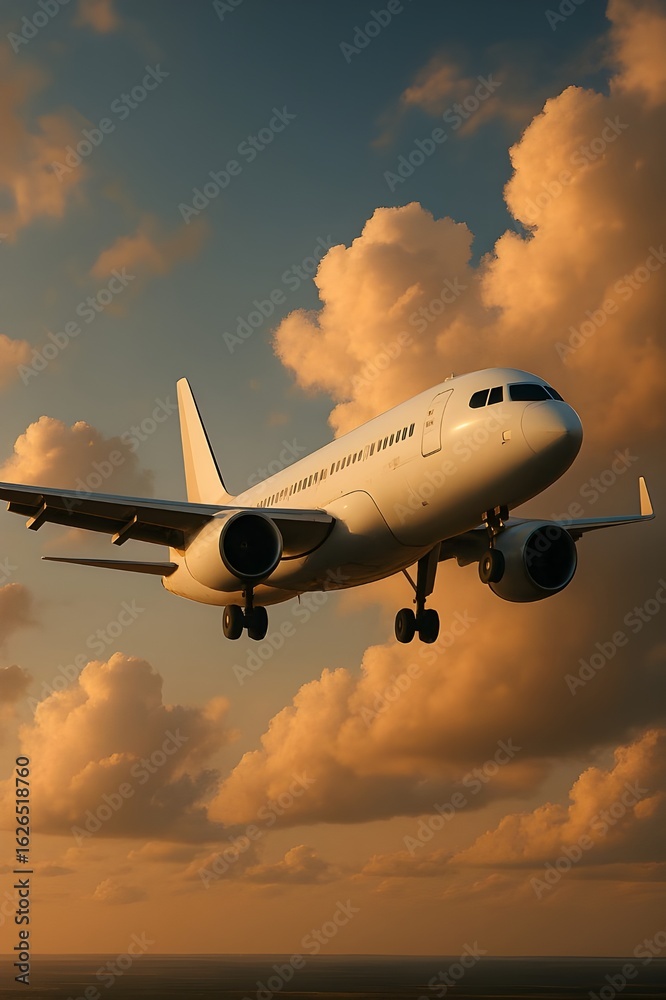 Obraz premium Commercial airplane flying through sunset sky with dramatic clouds