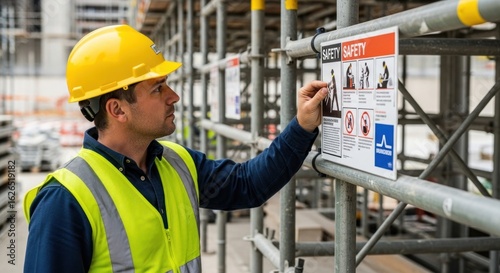 A man in a yellow hard hat and high-visibility vest, inspecting a safety sign on a construction site.