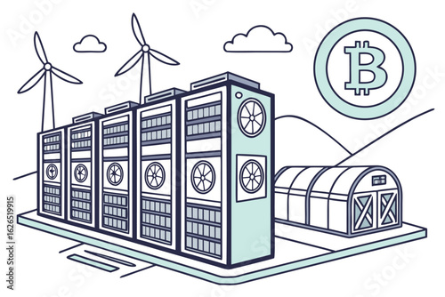 Illustration of a bitcoin mining farm with wind turbines and servers generating cryptocurrency power source