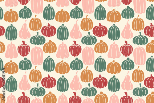 Colorful Seamless pattern of Various Pumpkins and Gourds across a light background creating a vibrant autumn-themed design. Vibrant design with repeating pattern of various pumpkins and gourds.