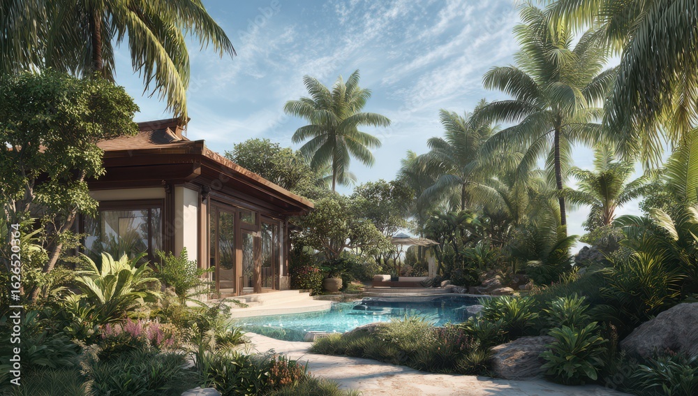 Fototapeta premium A luxury villa with a tropical landscape and a swimming pool