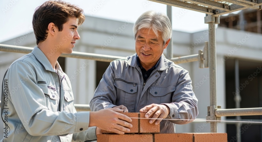 Fototapeta premium Two men building a brick wall on a construction site. The construction concept of building and craftsmanship.