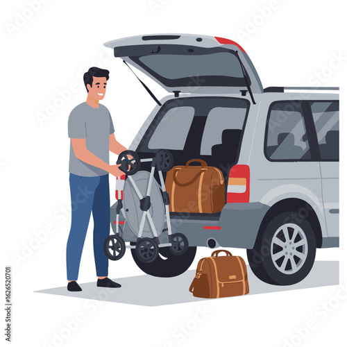 Father loading baby stroller and diaper bag into car