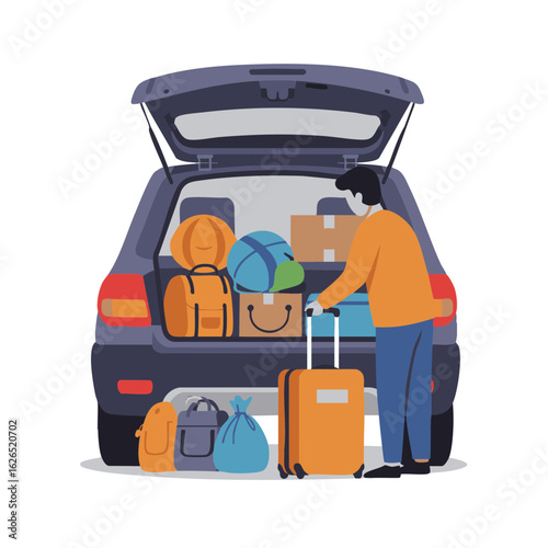 Man closing full car trunk packed with bags and boxes