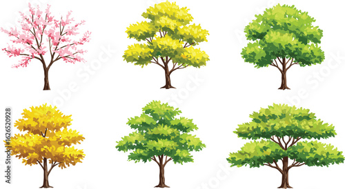 Cartoon seasonal trees set with green and yellow foliage and blooming cherry tree, vibrant nature illustration for spring and summer designs