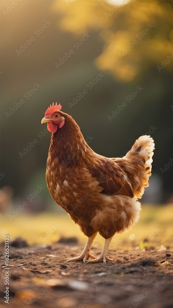 Fototapeta premium Close-up of farm chicken in natural environment at sunset