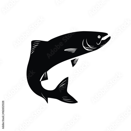 A striking black silhouette of a jumping salmon fish. This monochrome vector icon is perfect for a fishing logo or seafood emblem. Isolated on a white background.