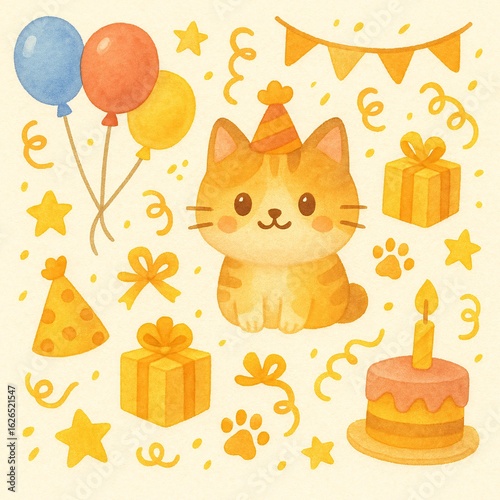 A cute watercolor cat birthday pattern, ideal for greeting cards, party invitations, decorations, and stationery