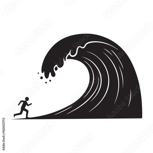 Black vector illustration of a person running away from a huge wave, symbolizing an overwhelming challenge or danger.