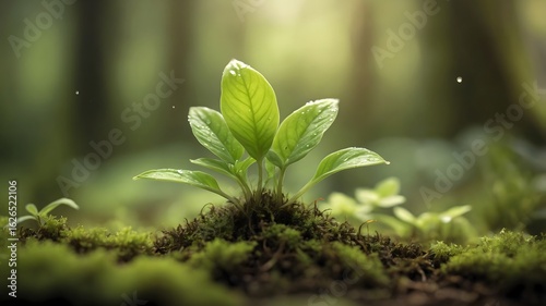 Planta verde creciendo sobre musgo en un bosque iluminado