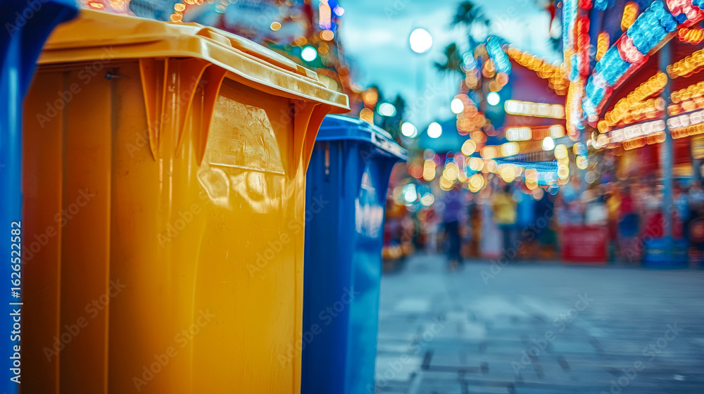 Colorful trash bins at a lively amusement park during evening twilight