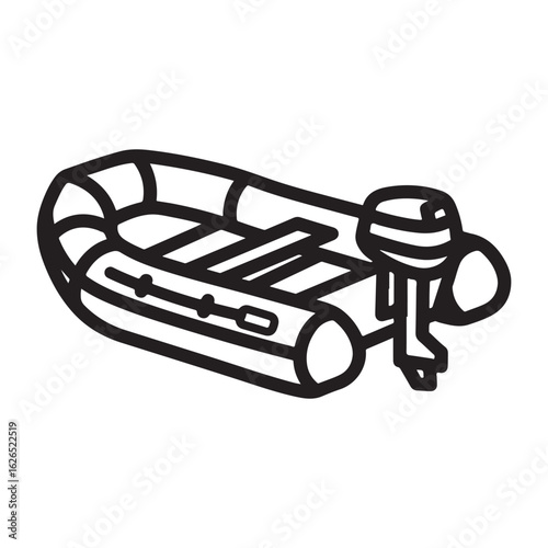 Black and white line art illustration of an inflatable boat with an outboard motor, isolated on a white background, perfect for water sports and leisure activities.