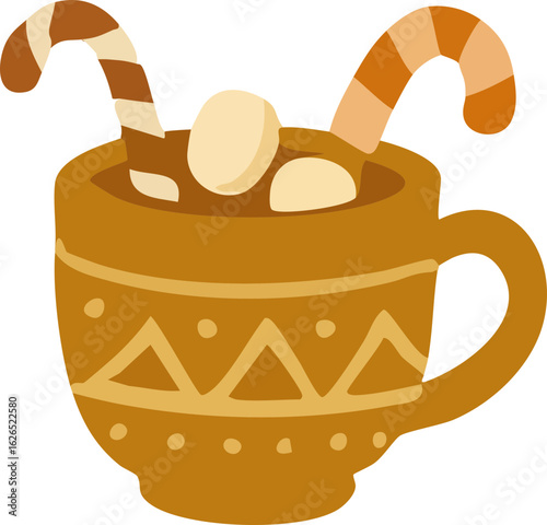 This is a flat-style illustration of a warm mug of hot chocolate topped with marshmallows and two striped candy canes, served in a patterned orange cup.
