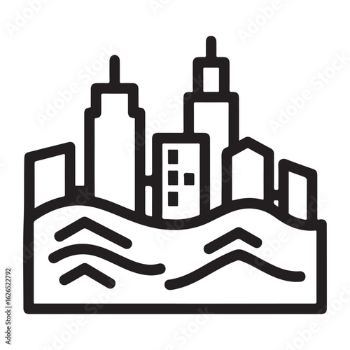 Outline vector illustration of a city skyline with buildings partially submerged in water, depicting flooding and environmental concern.