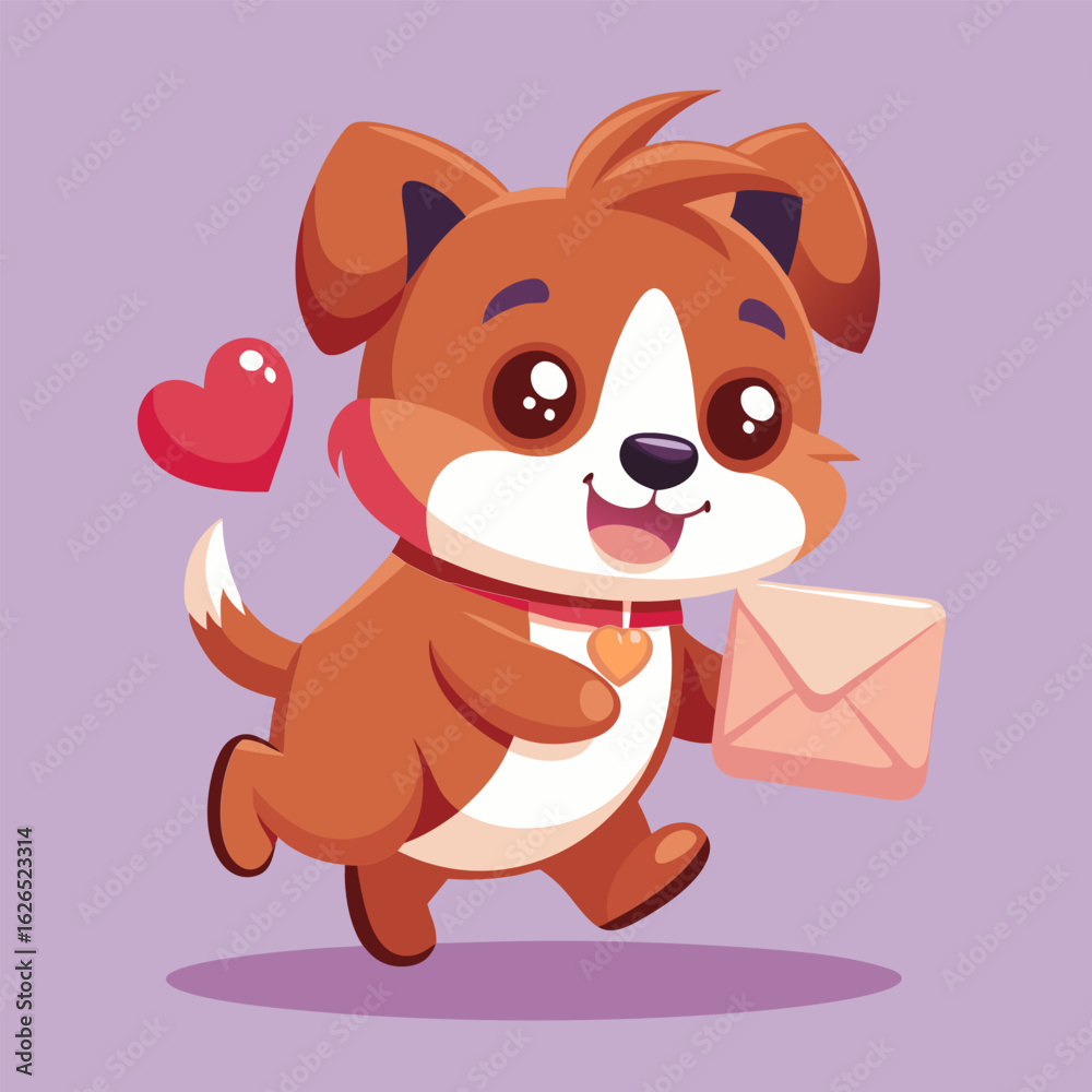 Fototapeta premium Cute cartoon dog carrying a letter in a walking pose against a light purple background. Adorable animal character in a walking pose with a love letter.