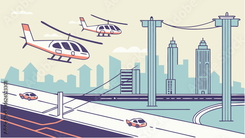 Illustration of helicopters flying over a city skyline with cars on a highway and power lines present