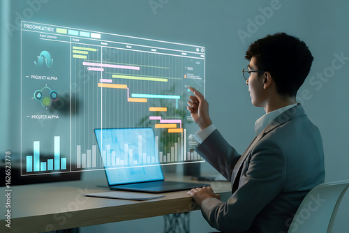 Young businessman analyzing a futuristic holographic project management gantt chart timeline