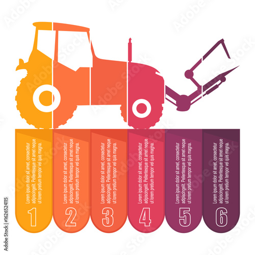 Agricultural machinery. Vehicle for field farm work. Industrial tractor transport icon with six features or option of project to select. Infographic for business information visualization.