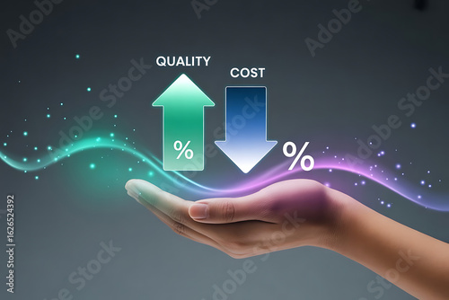 Hand holding upward trending quality and downward trending cost with glowing lines and percentages