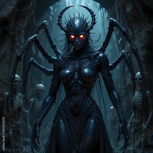 Dark Spider Queen Fantasy Horror Character with Webbed Cave Background