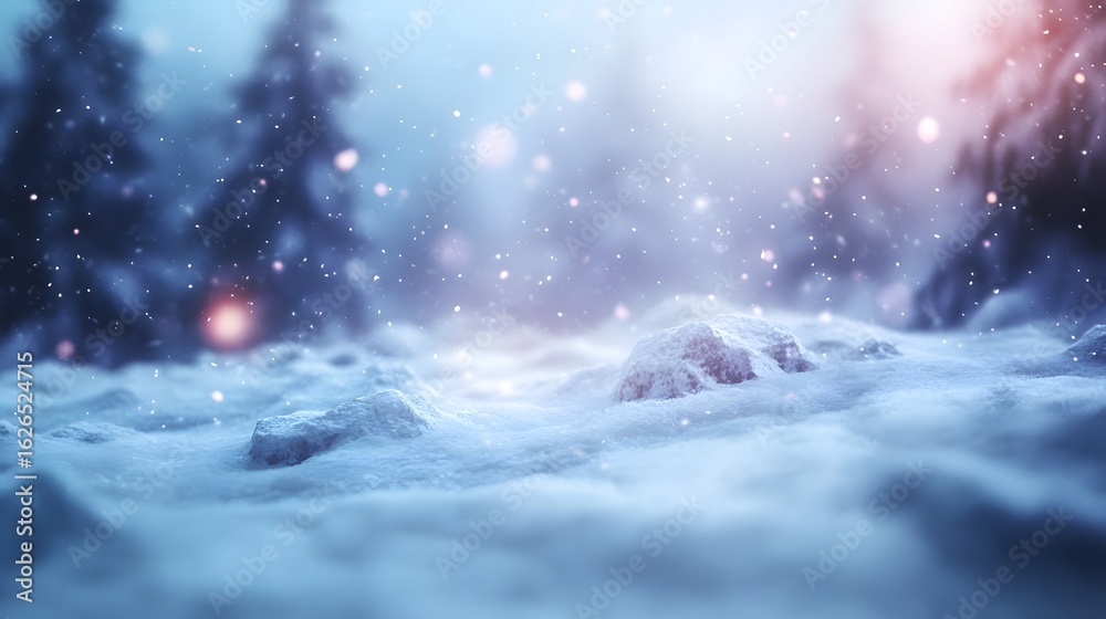 Fototapeta premium Snowy landscape scene with soft lighting and falling snow.