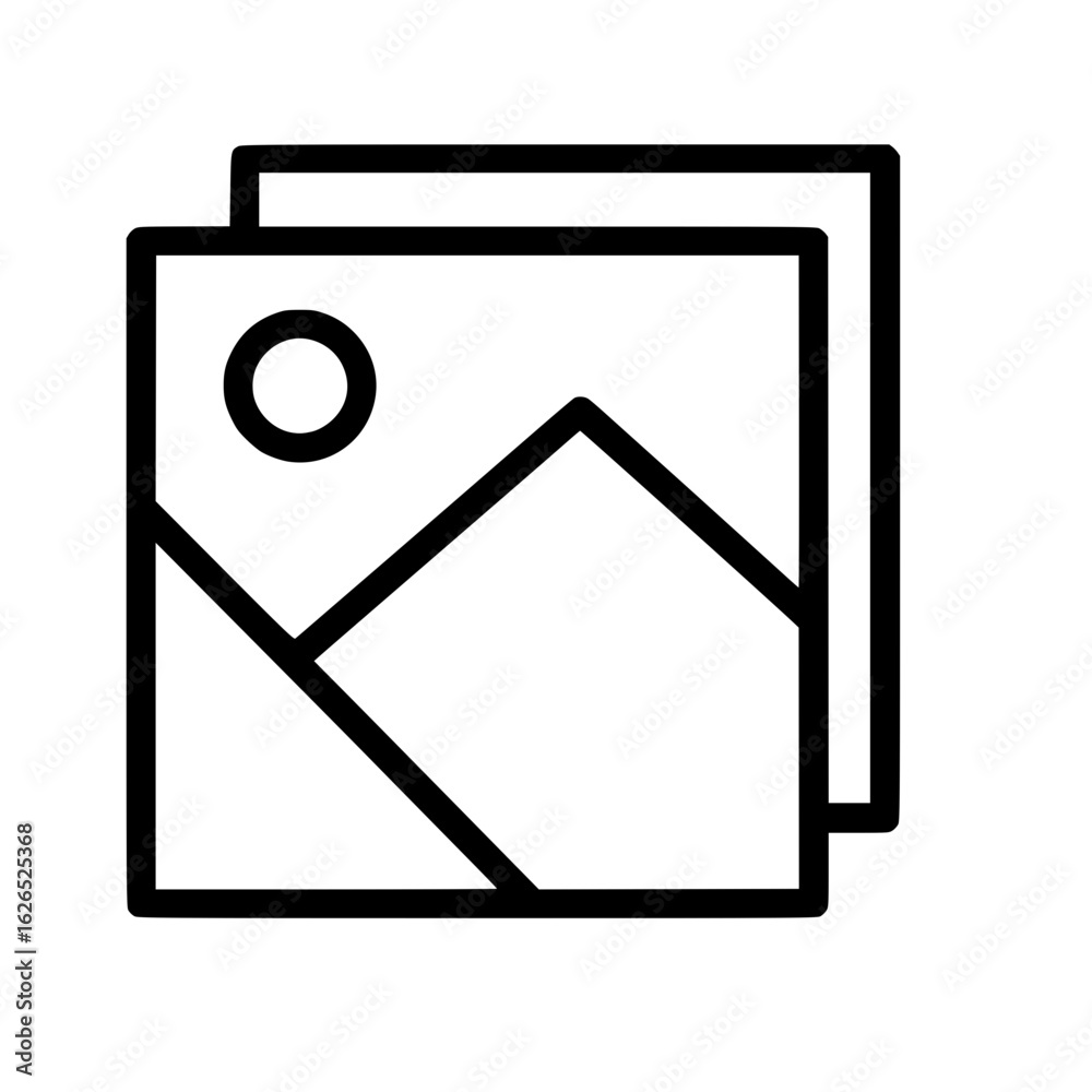 Image Gallery Icon with Landscape and Sun Inside Overlapping Rectangles Image Gallery Icon with Landscape and Sun Inside Overlapping Rectangles