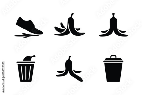 Slipping shoe banana peel trash bin icons black silhouette