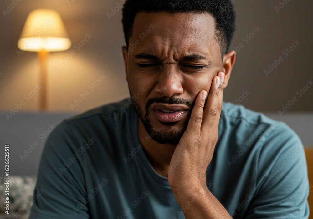 Obraz premium A man experiences intense pain, possibly from a dental issue, with a pained expression and hand on cheek.