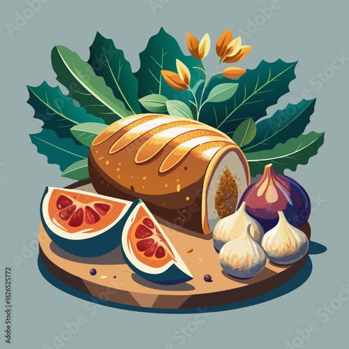 A selection of food items including bread. figs. grapefruit. and garlic. arranged on a wooden cutting board. with leafy greens and flowers in the background.
