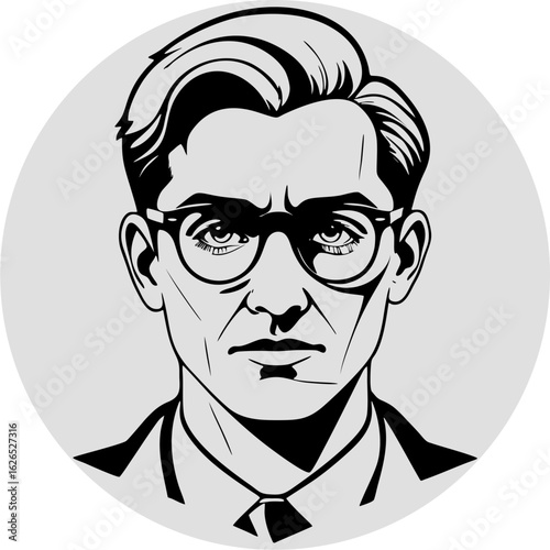 Man Portrait in a Circle Frame: a stylish illustration of a man portrait, with serious expression in a simple yet sophisticated style.