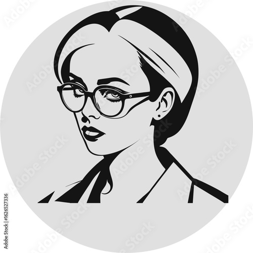 Visionary Elegance: A portrait of a woman with glasses and an intelligent look, elegantly portrayed in grayscale.