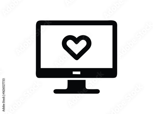 Computer monitor displaying a simple black heart icon on a white screen