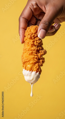 A hand holds a golden fried chicken tender dripping with creamy sauce against a yellow background.