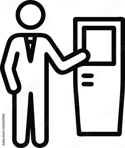 Vector art of man in suit interacting with a selfservice kiosk or terminal, isolated on white background
