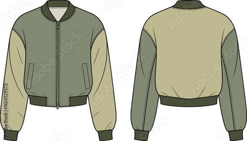 Bomber jacket front and back CAD drawing, fashion flat vector illustration, trendy outerwear design, technical garment sketch, Adobe Stock
