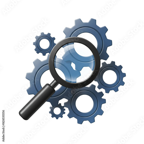 Magnifying glass over gears and cogs, representing analysis and technology isolated on transparent background